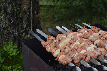 Cooking process Barbecue Summer grill Close up of roasted pork Shish kebab or shashlik on barbecue skewers Brutal Smoke BBQ Traditional food