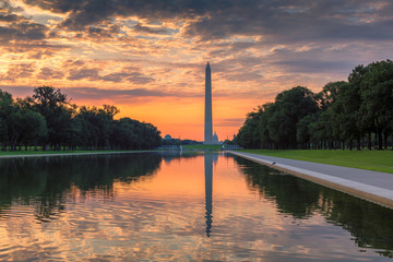 Washington Monument at Sunrise from new reflecting pool by Lincoln Memorial,  Washington DC, USA.