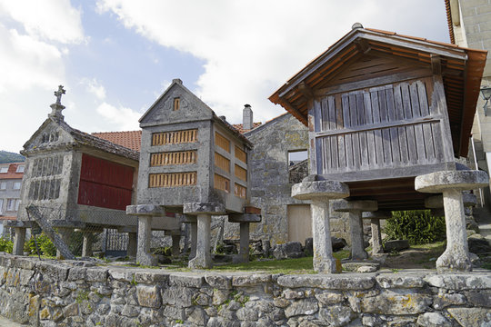 Three horreos, traditional galician barns, in Combarro (Pontevedra, Spain)