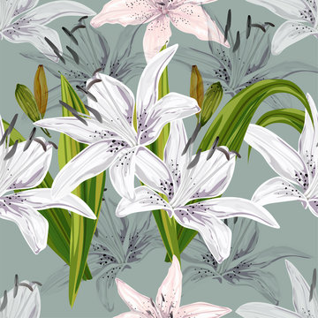Floral seamless pattern,Lily flowers on green background