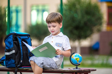 Cute little schoolboy studying outdoors on sunny day