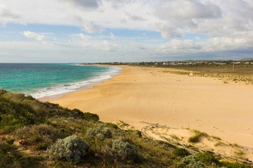 Fototapeta na wymiar Top views of empty beach in Zahora, Cadiz province in South Spain. Remote location holidays concept, travel destination concepts