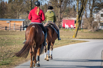 Reiterinnen in einem Dorf, Pferd