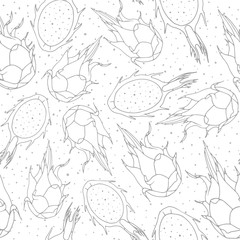 Vector tropical seamless pattern with dragon fruit outline on the white dotted background. Hand drawn exotic pitahaya line art.