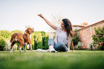 Lovely young woman playing with her beagle dog in the backyard. - obrazy, fototapety, plakaty