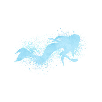 Watercolor mermaid silhouette with paint splatter in blue colors