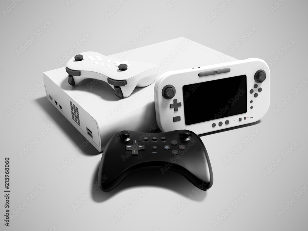 Aufkleber modern game console white with two dzhostikami and portable game console 3d render on gray backgroun