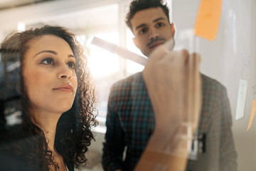Business colleagues discussing ideas on glass board in office