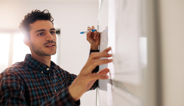 Businessman writing on whiteboard in office