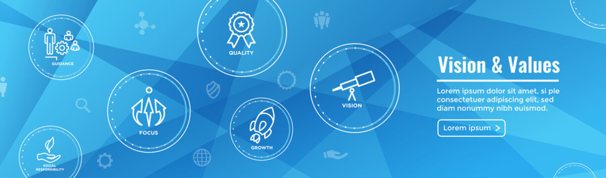 Vision and Values Web Header Banner with Connection, Growth, Focus, & Quality
