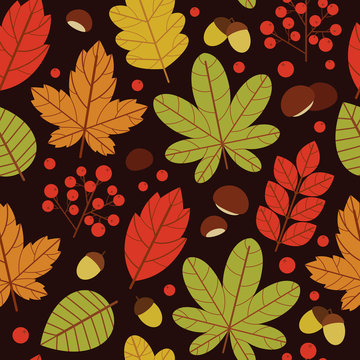Vector seamless pattern of colorful autumn leaves over brown background. Design of a pattern for printing on fabric, postcards and flyers. Leaves of maple, birch, oak, chestnut with berries and acorns