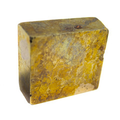 Natural mineral pyrite cube on a white background