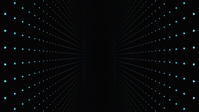 Moving through abstract fractal point matrix lattice. Moving infinite square twisted tunnel of shining flares. Fly into geometric point structure. Infinite space dynamic background. Glowing points