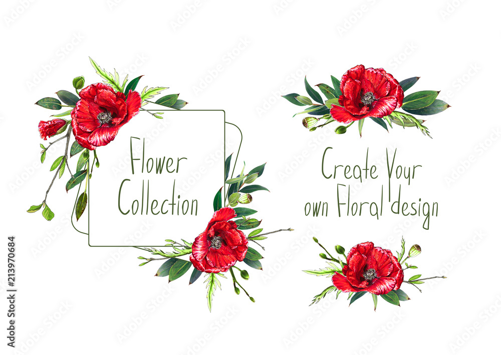 Poster Set with illustration of red poppies' flowers. Frame and small bouquets for decoration and your design. Markers' and watercolor's art. - Posters