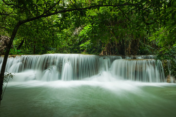 Beautiful and Breathtaking green waterfall at the tropical rain forest, Erawan's waterfall, Located Kanchanaburi Province, Thailand