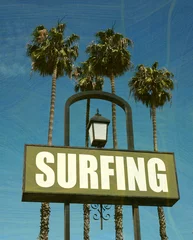 gealtertes und abgenutztes Surfschild mit Palmen © jdoms