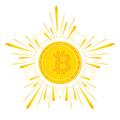 Sign of bitcoin in golden rays. Farm for the production of crypto currency, mining. Virtual money. Flat vector cartoon illustration. Objects isolated on white background.