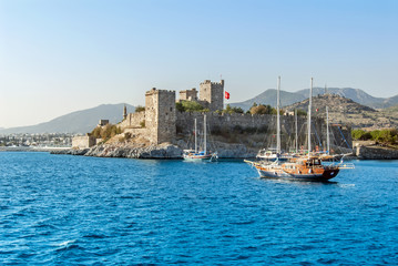 Bodrum, Turkey, 23 October 2010: Bodrum Cup Races, Gulet Wooden Sailboats and Bodrum Castle