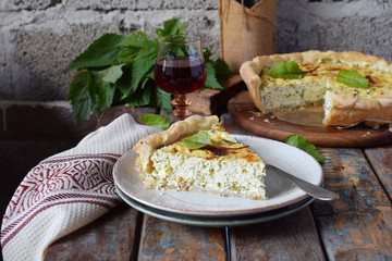 Homemade spinach, chard and nettle quiche. Freshly baked pie with feta cheese. Healthy food...