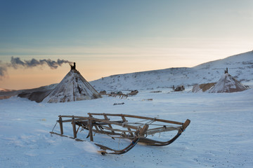 Nenets reindeer herders choom on a winter