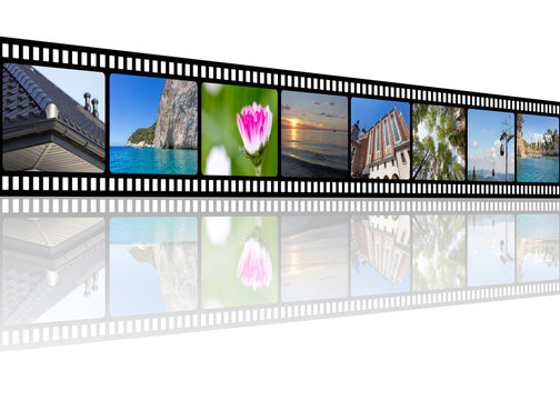 Film strip with architecture, travel, and nature photos collage illustration with empty copy space for your text