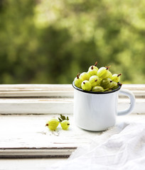 Gooseberries in a cup. Gooseberries fresh berries. Green gooseberry on wooden background. Different homemade summer berries. Selective focus. Copy space