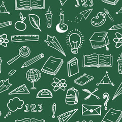 Education doodles green board seamless pattern