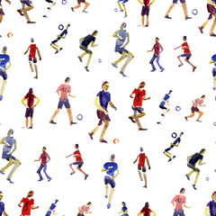 Seamless background. Soccer players kicks the ball with paint splatter design. footballer. isolated on white background. watercolor illustration. Shooting soccer player.