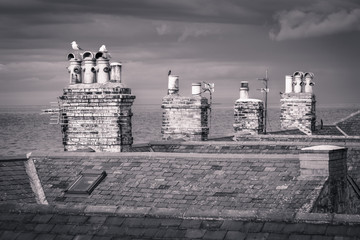Traditional brick chimney stacks, seaside town of Seahouses