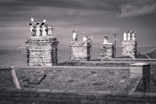 Traditional brick chimney stacks, seaside town of Seahouses