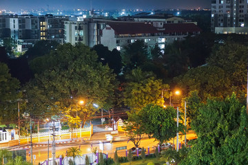 Beautiful view of buildings and high buildings in the night and lighting in Chiang Mai, Thailand, which gives a romantic feeling, beautiful scenery and quiet.