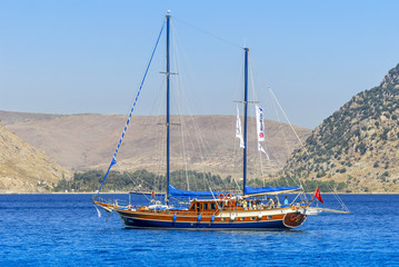 Fototapeta na wymiar Kalymnos Island, Greece; 23 October 2010: Bodrum Cup Races, Gulet Wooden Sailboats