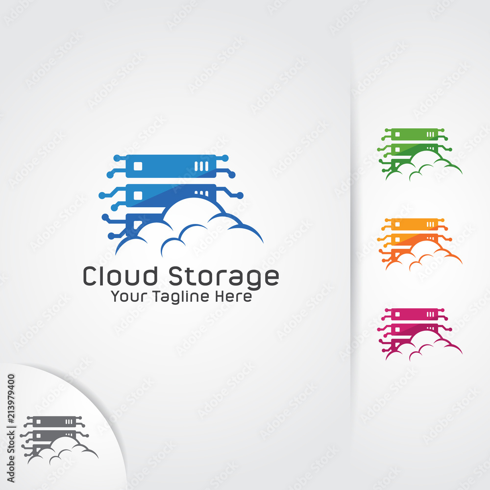 Poster web hosting logo design vector. cloud, server and storage combination.
