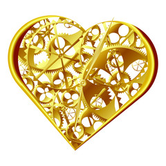 Golden Heart with The Time Mechanism of Love Isolated on White Background. 3D Illustration