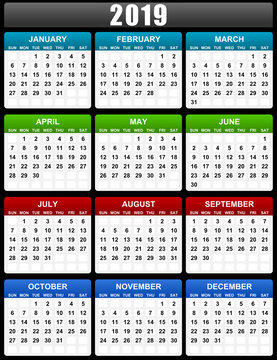 New 2019 year vector calendar sundays first
