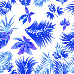 Fototapeta na wymiar Blue Seamless pattern tropical leaves of palm tree.
