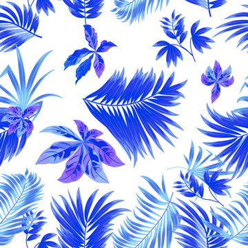 Blue Seamless pattern tropical leaves of palm tree.