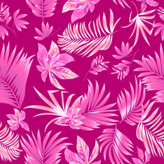 Fototapeta na wymiar Pink seamless pattern tropical leaves of palm tree.