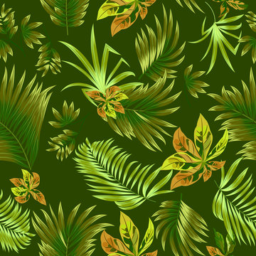 Green seamless pattern tropical leaves of palm tree.