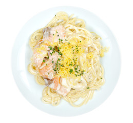 Pasta in cream sauce with red fish