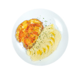 pork with mashed potatoes on white background