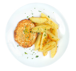 cutlet with fried potatoes on a white background