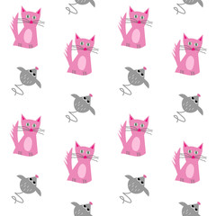 Pink cat and mouse seamless pattern