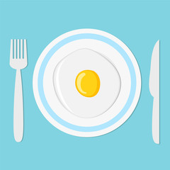 fried egg on plate with fork and knife, breakfast concept, stock vector illustration