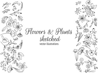 Frame composed of flowers.Hand drawn flowers, sketched flowers and plants, black and white, monochrome. Vector illustration.