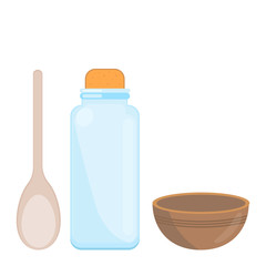 Bottle, bowl and a spoon vector illustrations.
