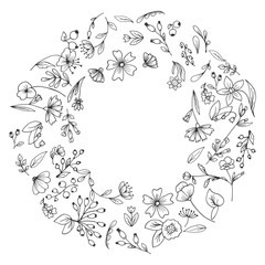 Frame of flowers, arranged in circle. Hand drawn flowers, sketched flowers and plants, black and white, monochrome. Vector illustration.