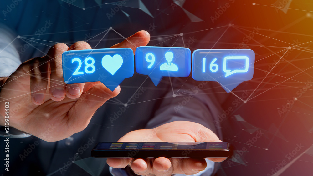 Wall mural businessman using a smartphone with a like, follower and message notification on social network - 3d