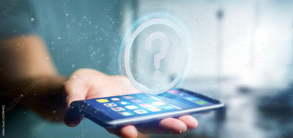 Poster man holding a technology question mark icon on a circle 3d rendering