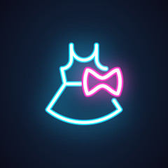 Womens dress with bow neon icon. Female casual clothes illumination label. Evening dress for party. Logo for shop signs, sales, showcase. Vector illustration isolated on black